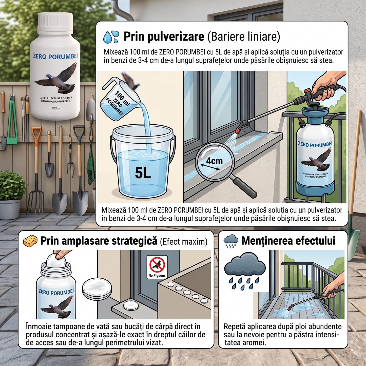 ZERO PORUMBEI - SPERIETOARE LICHIDĂ ÎMPOTRIVA PORUMBEILOR - 100 ML
