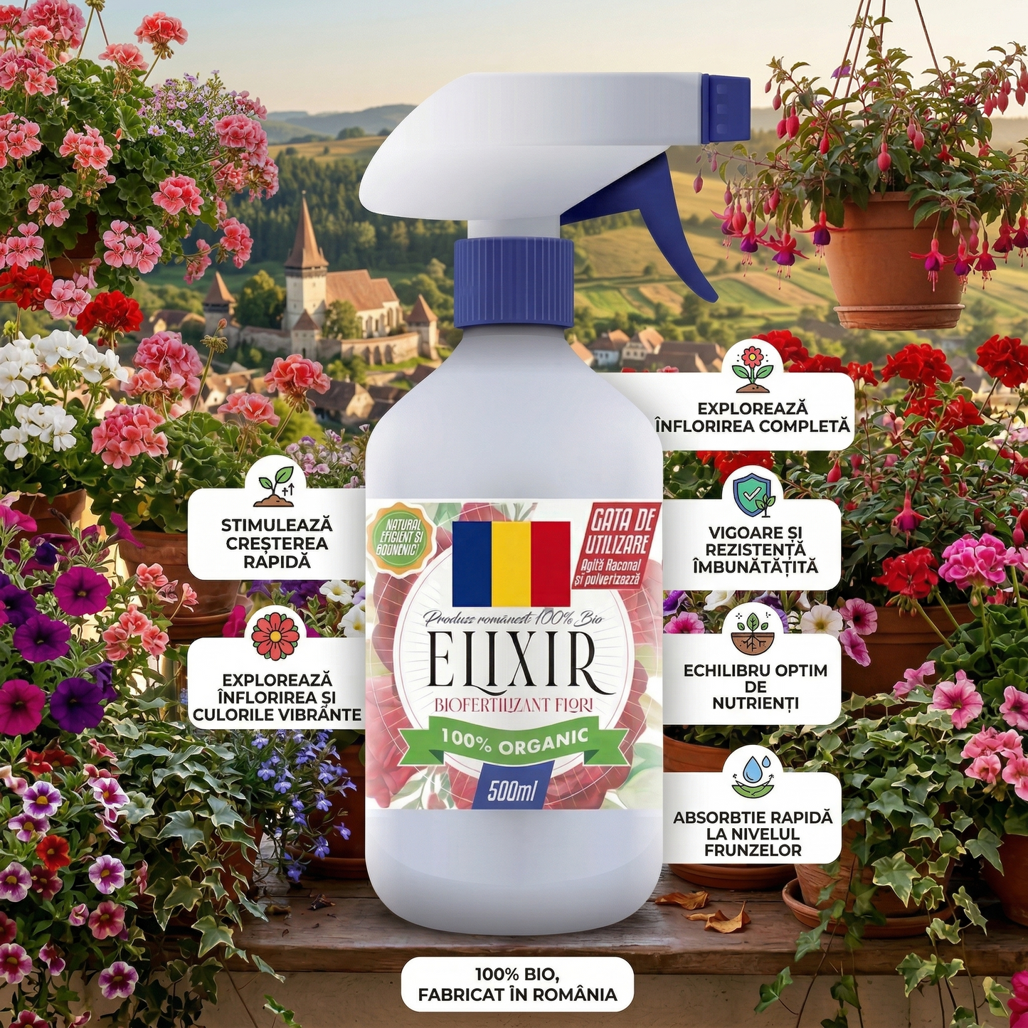 ELIXIR - FERTILIZANT DOCTORUL PĂMÂNTULUI GATA DE UTILIZARE PENTRU PLANTE CU FLORI 100% NATURAL - 500 ML