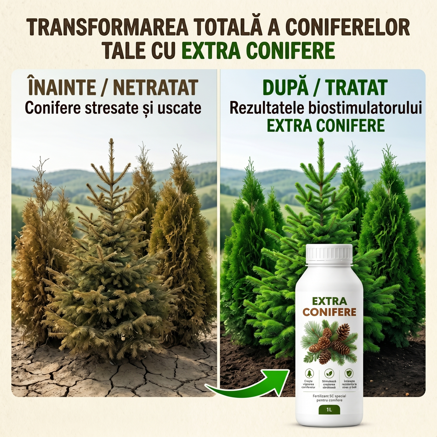 EXTRA CONIFERE - BIOSTIMULATOR PENTRU TUIA, BRAZI, MOLIZI - VERDE INTENS 1 LITRU