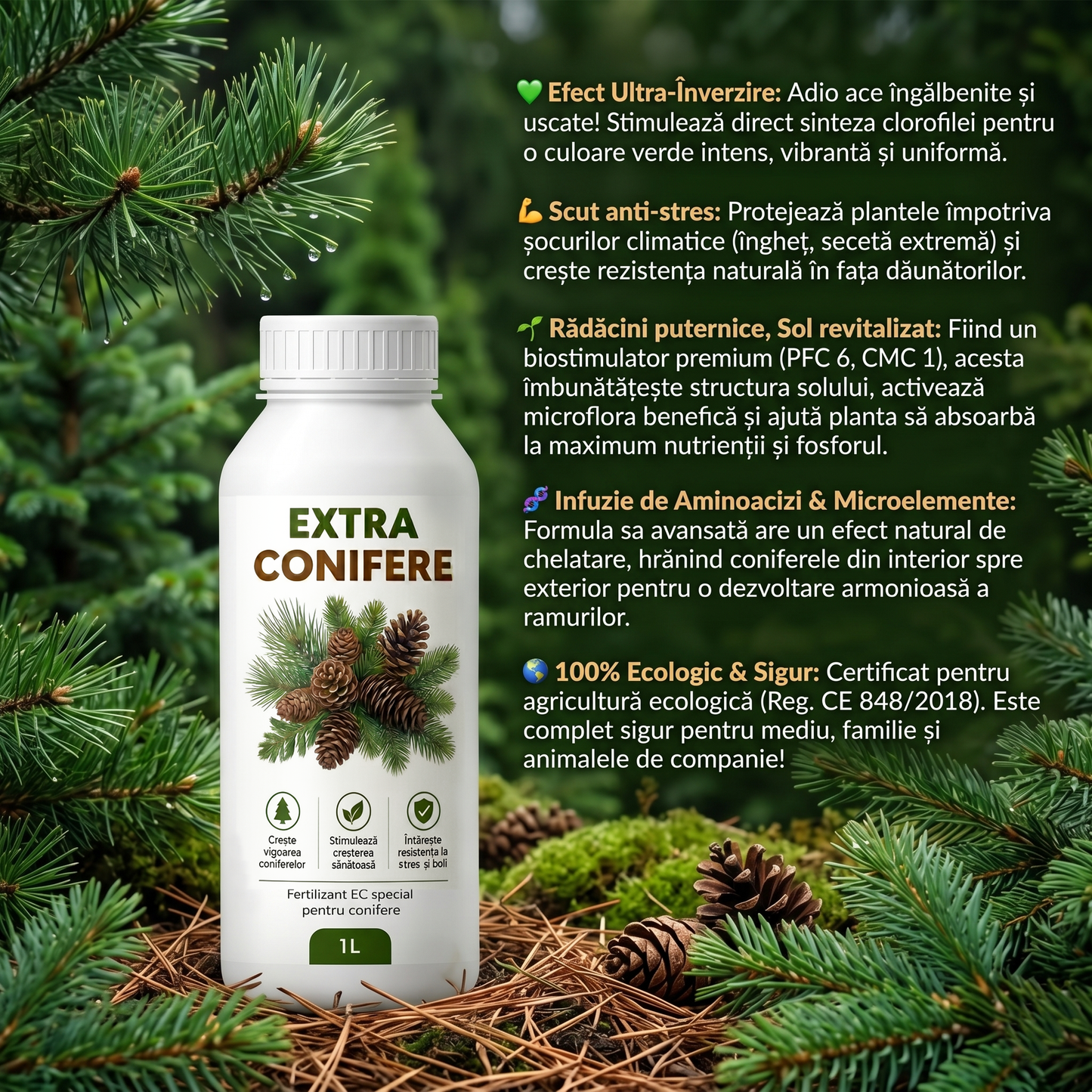 EXTRA CONIFERE - BIOSTIMULATOR PENTRU TUIA, BRAZI, MOLIZI - VERDE INTENS 1 LITRU