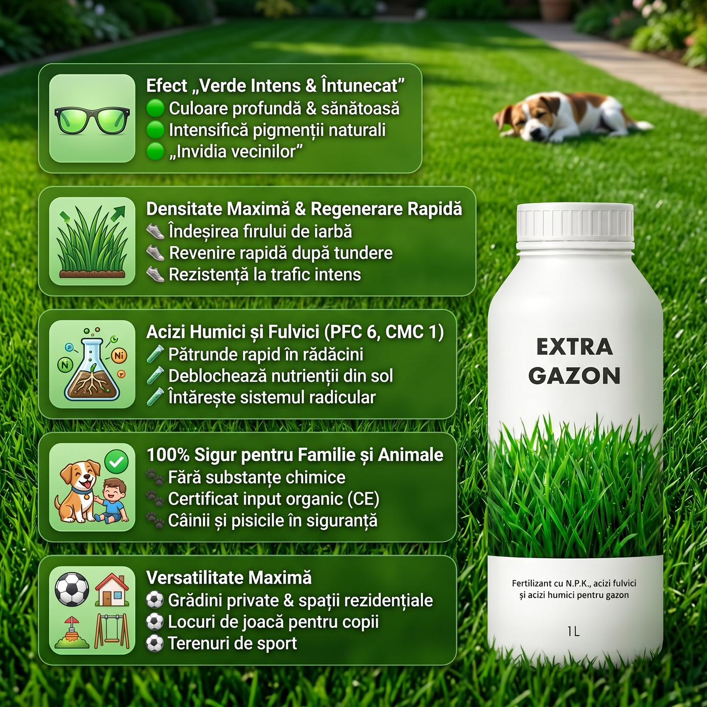 EXTRA GAZON - BIOSTIMULATOR ȘI FERTILIZATOR PENTRU VERDE INTENS 1 LITRU