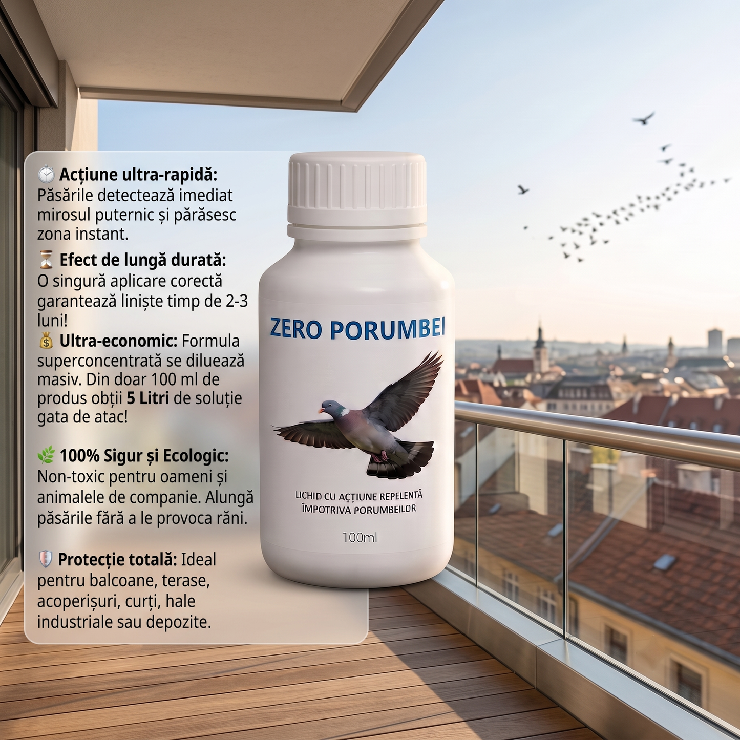 ZERO PORUMBEI - SPERIETOARE LICHIDĂ ÎMPOTRIVA PORUMBEILOR - 100 ML